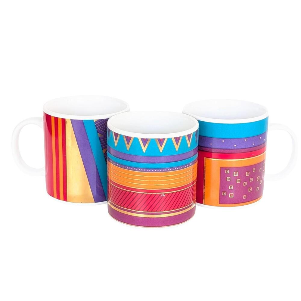 1990s Vintage Laurel Burch Colorful Coffee Mug Set with Metallic Gold Accents